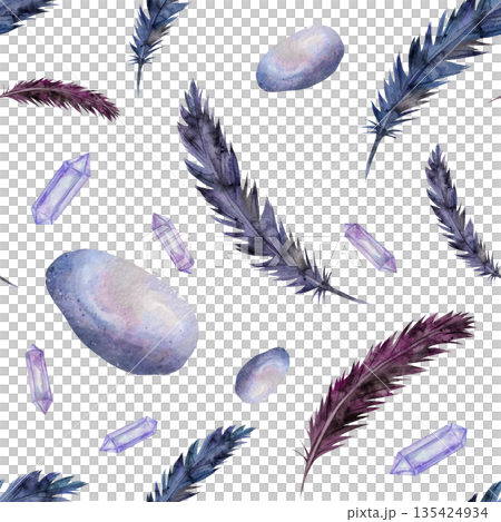 Seamless watercolor pattern with multicolored mystical feathers, purple crystals, smooth stones. White background, hand-drawn. For natural and magical designs 135424934