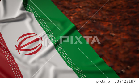 Iran National Flag Over Dry Cracked Land Symbolizing Drought and Economic Crisis 3d render. Iran National Flag Over Dry Cracked Land Symbolizing Drought and Economic Crisis 3d render. 135425197