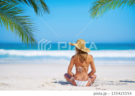 Tropical mockup, beach and back of woman on island on sand for adventure, holiday and vacation in Mauritius. Travel, ocean and female person relax in bikini by sea for tourism, traveling and getaway Tropical mockup, beach and back of woman on island on sand for adventure, holiday and vacation in Mauritius. Travel, ocean and female person relax in bikini by sea for tourism, traveling and getaway 135425554