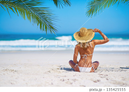 Tropical island, beach and back of woman for summer adventure, holiday and vacation in Mauritius. Travel mockup, ocean and female person relax in bikini on sand for tourism, traveling and getaway 135425555