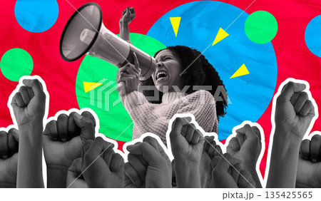 Megaphone, protest and woman voice isolated on red background for human rights, strong opinion or broadcast. Speech, fist and gen z people for power, call to action or change on digital scrapbook art 135425565