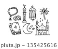 Hand Drawn Islamic Ramadan Doodle Icons Set with Mosque, Crescent Moon, Lantern, Quran, Prayer Beads, Palm Tree. Black Religious Vector Illustration Isolated on White Background. Date fruit, Stars. 135425616