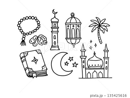 Hand Drawn Islamic Ramadan Doodle Icons Set with Mosque, Crescent Moon, Lantern, Quran, Prayer Beads, Palm Tree. Black Religious Vector Illustration Isolated on White Background. Date fruit, Stars. 135425616