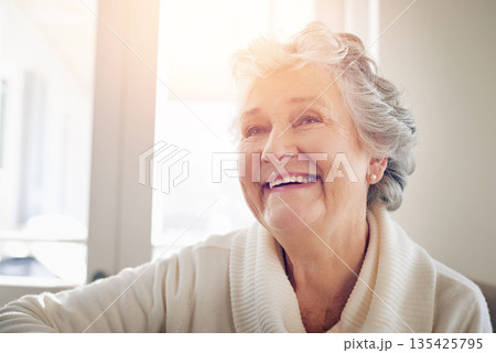 Relax, happy and smile with old woman on sofa for free time, retirement and weekend. Lens flare, happiness and mindset with senior person in living room at home for elderly, positive and carefree Relax, happy and smile with old woman on sofa for free time, retirement and weekend. Lens flare, happiness and mindset with senior person in living room at home for elderly, positive and carefree 135425795