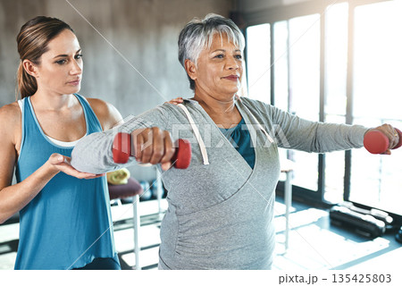 Physical therapy, dumbbell and help with woman and personal trainer for support, health and physiotherapy. Training, weights and coaching with senior client, physiotherapist or rehabilitation workout Physical therapy, dumbbell and help with woman and personal trainer for support, health and physiotherapy. Training, weights and coaching with senior client, physiotherapist or rehabilitation workout 135425803