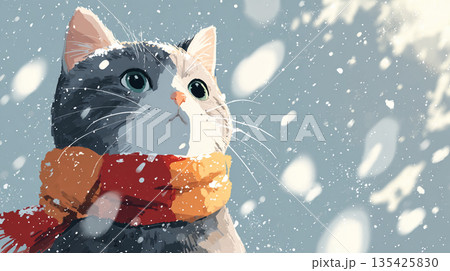 雪降る中で遠くを見つめる猫のイラスト 135425830