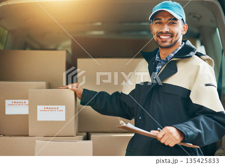 Box, delivery and shipping with portrait of man for courier, logistics and supplier. Ecommerce, export and distribution service with male postman and checklist for mail, package and cargo shipment 135425833