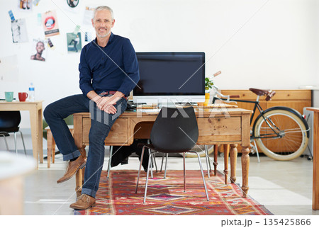Portrait, office and creative business man for graphic design career, workspace confidence and startup mindset. Professional manager, boss or designer person relax on desk with computer in creativity Portrait, office and creative business man for graphic design career, workspace confidence and startup mindset. Professional manager, boss or designer person relax on desk with computer in creativity 135425866