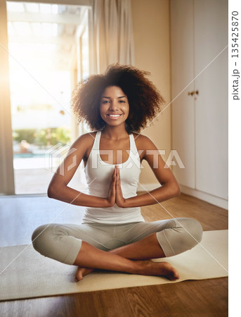 Happy woman, meditation and portrait smile for zen workout, spiritual wellness or exercise on mat at home. Female yogi smiling for calm meditating, exercising or mental wellbeing for healthy body Happy woman, meditation and portrait smile for zen workout, spiritual wellness or exercise on mat at home. Female yogi smiling for calm meditating, exercising or mental wellbeing for healthy body 135425870