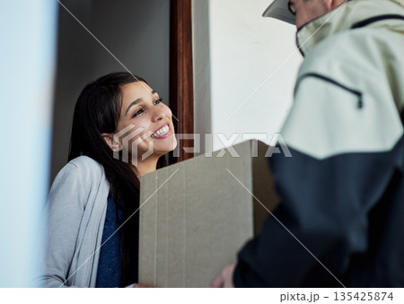 Customer, woman and courier with a box, delivery or happiness with shipping, supply chain or distribution. Female person, client or employee with package, parcel or receive order with smile and home Customer, woman and courier with a box, delivery or happiness with shipping, supply chain or distribution. Female person, client or employee with package, parcel or receive order with smile and home 135425874