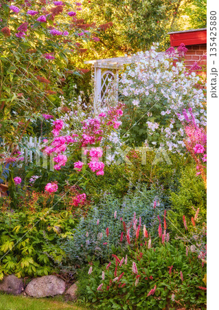 Spring, nature and peace with flowers in garden for blossom, landscape and sustainability. Gardening, environment and growth with plants in forest meadow for ecology, floral and ecosystem 135425880