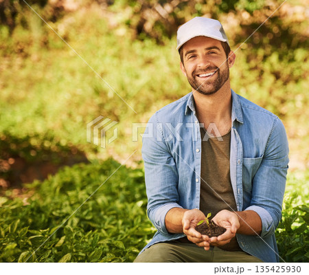 Plant, hands and man in portrait with eco friendly growth, sustainability and green agriculture or small business. Sapling soil, person palm and sustainable gardening, farming or earth day project 135425930