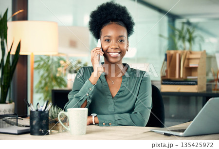 Black woman, phone call and business portrait, smile and conversation with contact. Smartphone, face and African female professional talking, listening or communication in office workplace at night. Black woman, phone call and business portrait, smile and conversation with contact. Smartphone, face and African female professional talking, listening or communication in office workplace at night. 135425972