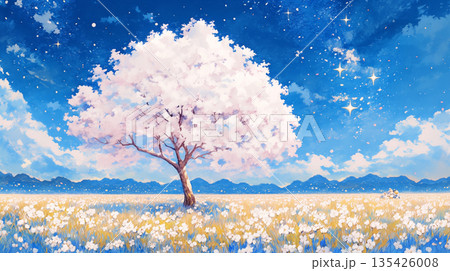 美しい夜の桜、幻想的な風景。幻想的な夜桜の背景イラスト。 135426008