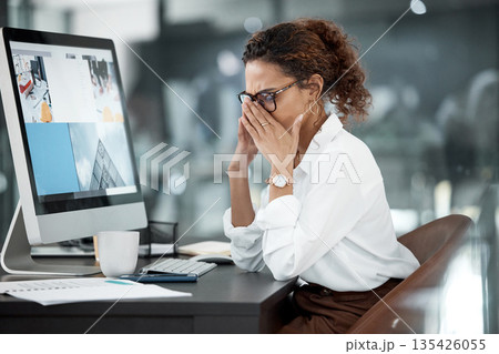 Business woman with headache, stress with pain and mental health with professional crisis and fatigue at office. Problem in workplace, fail and female employee is frustrated with migraine and burnout 135426055
