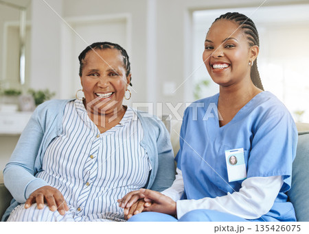 Senior woman, nurse and holding hands portrait for support, healthcare and happiness at retirement home. Elderly black person and caregiver together for trust, elderly care and help with homecare Senior woman, nurse and holding hands portrait for support, healthcare and happiness at retirement home. Elderly black person and caregiver together for trust, elderly care and help with homecare 135426075