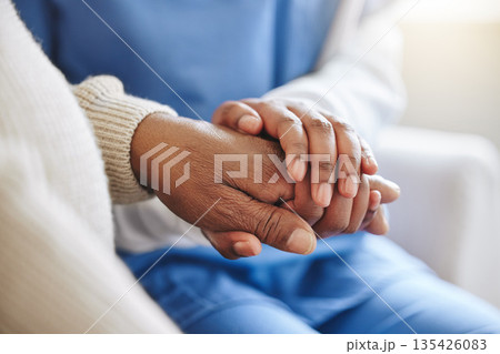 Senior patient, nurse and holding hands for support, healthcare or empathy at nursing home. Elderly person and caregiver together for trust, homecare and counseling or help for health in retirement Senior patient, nurse and holding hands for support, healthcare or empathy at nursing home. Elderly person and caregiver together for trust, homecare and counseling or help for health in retirement 135426083