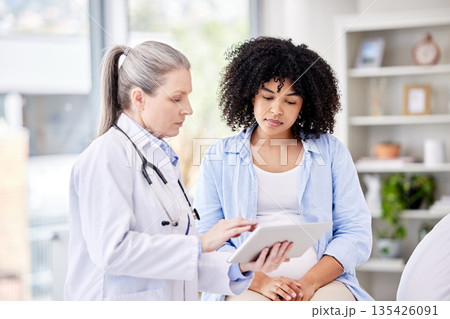 Tablet, pregnant woman and doctor with results, gynecology service and serious healthcare news, exam and progress. Medical, gynecologist and people for pregnancy, digital technology and growth check Tablet, pregnant woman and doctor with results, gynecology service and serious healthcare news, exam and progress. Medical, gynecologist and people for pregnancy, digital technology and growth check 135426091