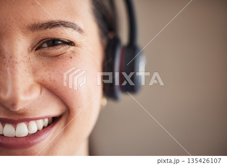 Call center, portrait and closeup on woman with headset for call, working in communication and crm office mockup. Agent, smile and happy customer service worker to help, support and consulting advice 135426107
