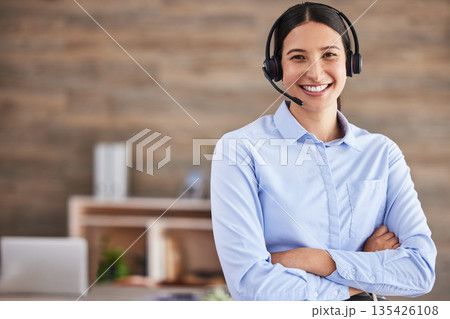 Call center, portrait and woman with arms crossed and headset for calls, working in communication and crm office. Agent, smile and happy customer service worker to help, support and consulting advice Call center, portrait and woman with arms crossed and headset for calls, working in communication and crm office. Agent, smile and happy customer service worker to help, support and consulting advice 135426108