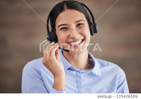 Portrait, call center and happy woman with headset for telemarketing, calls and working in communication or crm office. Agent, smile and customer service worker to help, support and consulting advice Portrait, call center and happy woman with headset for telemarketing, calls and working in communication or crm office. Agent, smile and customer service worker to help, support and consulting advice 135426109