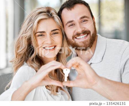 New home, couple and hand heart with key for moving, love and mortgage celebration portrait. Happiness, emoji and excited hands sign with house and real estate keys together with property support New home, couple and hand heart with key for moving, love and mortgage celebration portrait. Happiness, emoji and excited hands sign with house and real estate keys together with property support 135426131