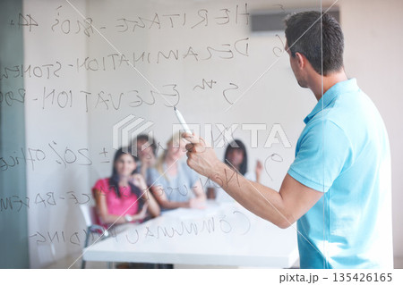 Presentation, training and business people or manager in meeting for project startup, planning or coaching on glass. Group, employees and man with board for teaching, workflow and internship coaching 135426165
