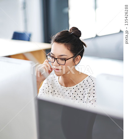 Focus, computer and business woman in office for research, website and designer. Thinking, entrepreneur and creative with female employee in digital agency for technology, professional and startup Focus, computer and business woman in office for research, website and designer. Thinking, entrepreneur and creative with female employee in digital agency for technology, professional and startup 135426288