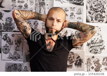 Portrait, tattoo and man with creativity, artist and business with skills, wallpaper and design. Face, male person and guy with creative, ink and career with body art, trendy and edgy with culture Portrait, tattoo and man with creativity, artist and business with skills, wallpaper and design. Face, male person and guy with creative, ink and career with body art, trendy and edgy with culture 135426336