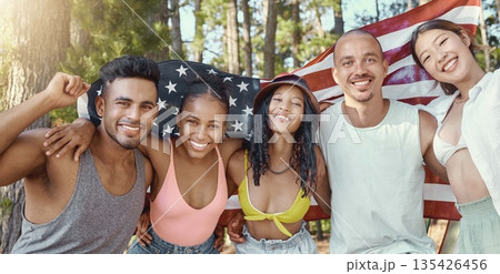 American flag, portrait and friends smile outdoor for independence day celebration, freedom and liberty. USA, banner and group of people, men and women in nature, woods or forest for camping together American flag, portrait and friends smile outdoor for independence day celebration, freedom and liberty. USA, banner and group of people, men and women in nature, woods or forest for camping together 135426456