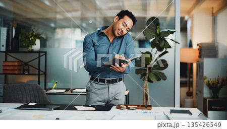 Creative agency, phone call and man with notebook, discussion and conversation for article report. Business person, journalist and paperwork in office with checklist, feedback and graph communication Creative agency, phone call and man with notebook, discussion and conversation for article report. Business person, journalist and paperwork in office with checklist, feedback and graph communication 135426549