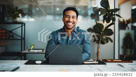 Portrait, laptop and smile with business man in office for research, account review and investor report. Risk analysis, portfolio budget and online audit with person in agency for stock evaluation Portrait, laptop and smile with business man in office for research, account review and investor report. Risk analysis, portfolio budget and online audit with person in agency for stock evaluation 135426632