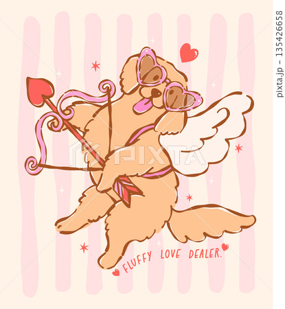 Whimsical golden retriever dog cupid valentine wear heart glasses with arrow and bow hand drawn Whimsical golden retriever dog cupid valentine wear heart glasses with arrow and bow hand drawn 135426658