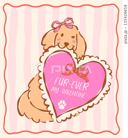 Whimsical golden retriever dog valentine hand drawn with heart ruffled coquette retro pastel illustration, idea for greeting card Whimsical golden retriever dog valentine hand drawn with heart ruffled coquette retro pastel illustration, idea for greeting card 135426659