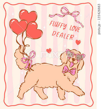 Whimsical golden retriever dog valentine wear heart glasses with heart balloons hand drawn coquette retro pastel illustration 135426663