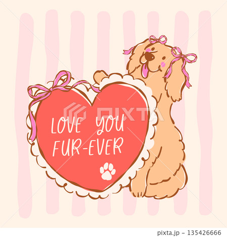 Whimsical valentine golden retriever dog hand drawn with heart ruffled coquette retro pastel illustration Whimsical valentine golden retriever dog hand drawn with heart ruffled coquette retro pastel illustration 135426666