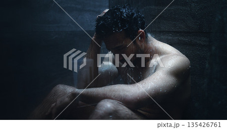 Man, shower and frustrated in bathroom for grief, mental health and reflection in home. Person with depression, house and running water with emotions, fear and disappointed with anxiety or stress Man, shower and frustrated in bathroom for grief, mental health and reflection in home. Person with depression, house and running water with emotions, fear and disappointed with anxiety or stress 135426761