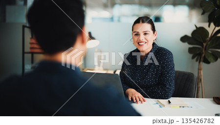 Interview, woman and people in office with laptop for recruitment, finance career or hiring offer. Employer, job candidate and discussion in workplace with computer, onboarding or financial business. 135426782