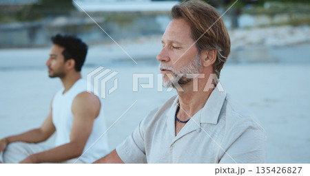 Men, breathing and meditation for wellness, beach and routine for inner peace, stress relief and zen. Outdoor, fresh air and people with spiritual awareness in nature, inhale or calm with mindfulness 135426827