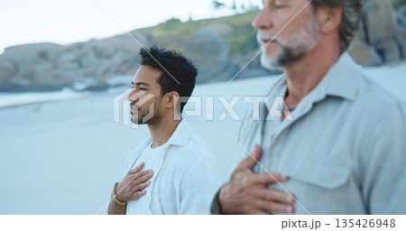 Calm, men and meditation for inner peace, beach and routine for mental health, breathing and outdoor. People, inhale and spiritual awareness in nature, stress relief and space on break or healing Calm, men and meditation for inner peace, beach and routine for mental health, breathing and outdoor. People, inhale and spiritual awareness in nature, stress relief and space on break or healing 135426948