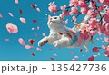鮮やかな桜の木の下でジャンプする猫のイラスト 135427736