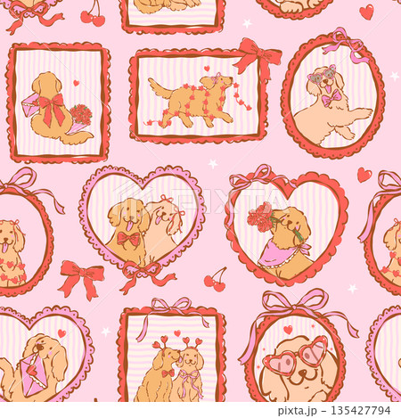 Whimsical valentine frames seamless pattern golden retriever dog hand drawn romantic repeat isolated on background 135427794
