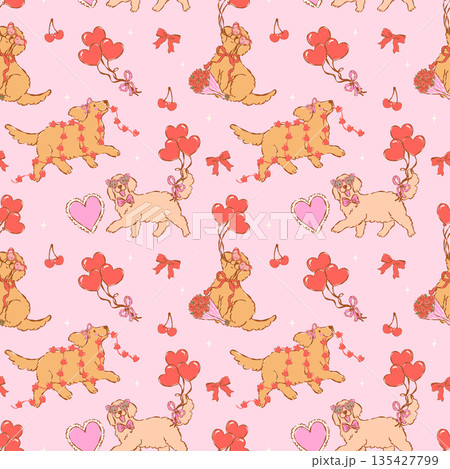 Whimsical valentine seamless pattern golden retriever dog with heart balloons hand drawn romantic repeat background Whimsical valentine seamless pattern golden retriever dog with heart balloons hand drawn romantic repeat background 135427799