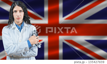 British national health system, Medical professional on United Kingdom flag background British national health system, Medical professional on United Kingdom flag background 135427839