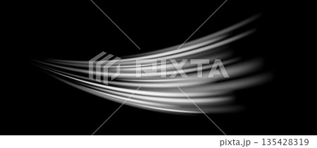 Abstract white wind lines effect. Air stream flow wave motion trace. Swoosh or splash stripe path design illustration. Light curved speed element. Air conditioner blow concept. Vector twirl background 135428319