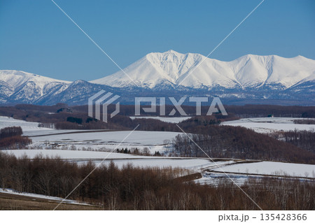 春の残雪の畑と雪山　十勝岳連峰 135428366