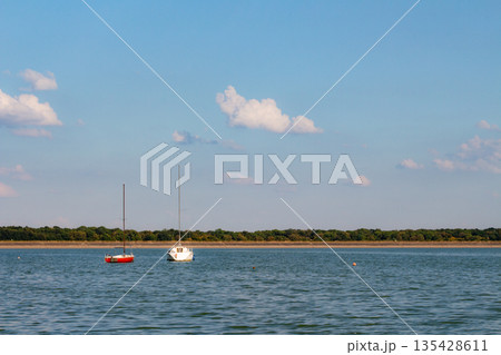 Sailboats floating peacefully on calm water under a bright blue sky  135428611