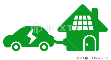 太陽光発電のある家で電気自動車を充電するアイコン エコ住宅とEVホーム充電のイラスト 太陽光発電のある家で電気自動車を充電するアイコン エコ住宅とEVホーム充電のイラスト 135428980