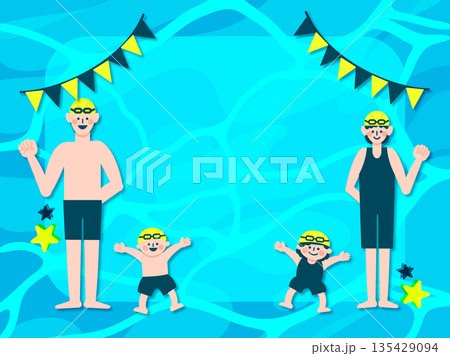 スイミングスクールのインストラクター男女と笑顔の子供たちのフレーム素材 135429094