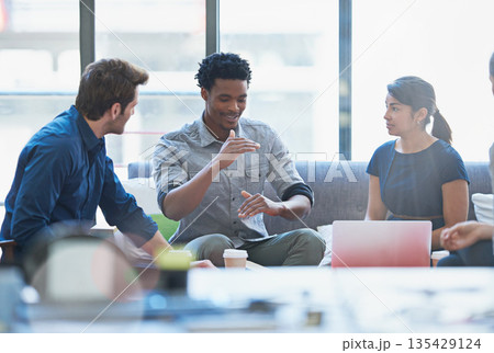 Planning, training and goal with black man in business meeting for strategy, project management or creative. Entrepreneur, brainstorming and teamwork with people in startup for design collaboration Planning, training and goal with black man in business meeting for strategy, project management or creative. Entrepreneur, brainstorming and teamwork with people in startup for design collaboration 135429124